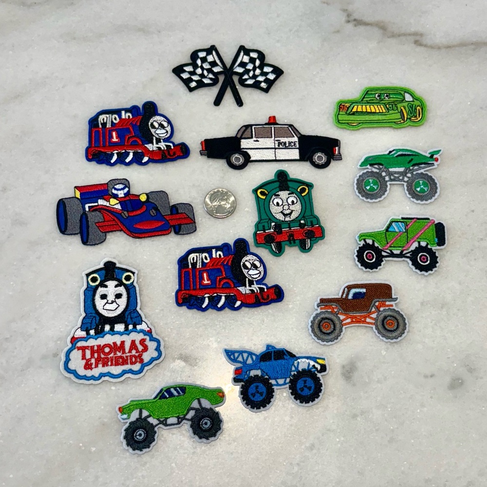 🔹NWT🔹 13 piece monster truck, car and trains iron on patch bundle
